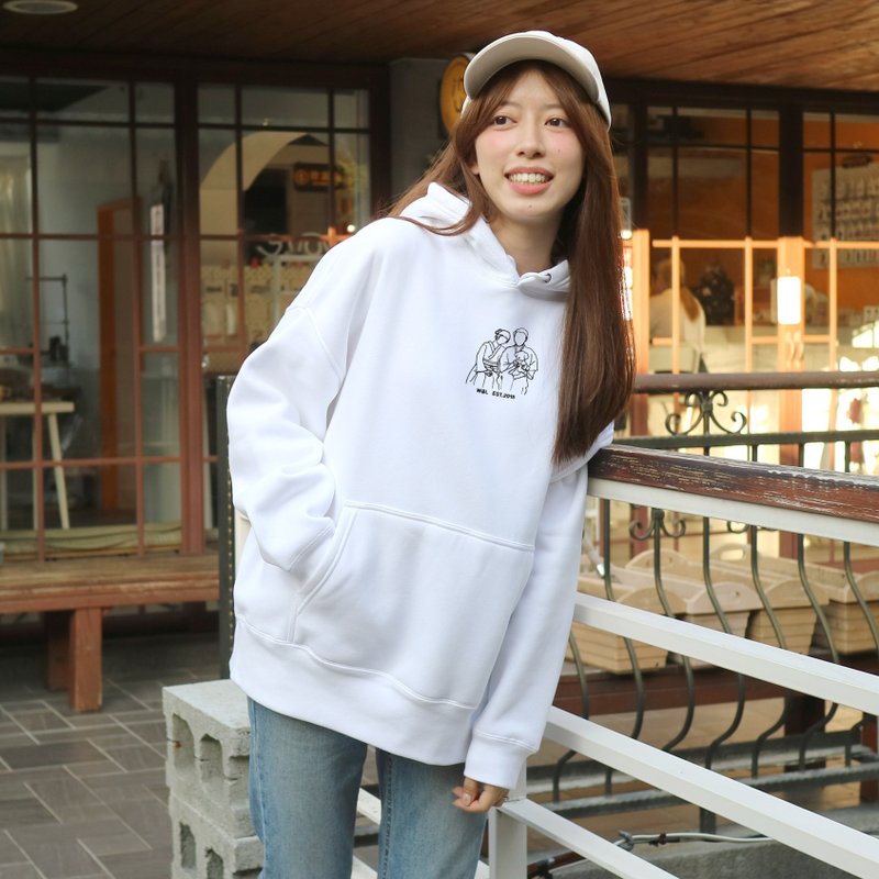 【送礼首选】 似颜绘刺绣刷毛帽t / 生日 情侣 定制化 礼物 - 中性连帽卫衣/T 恤 - 棉．麻 白色