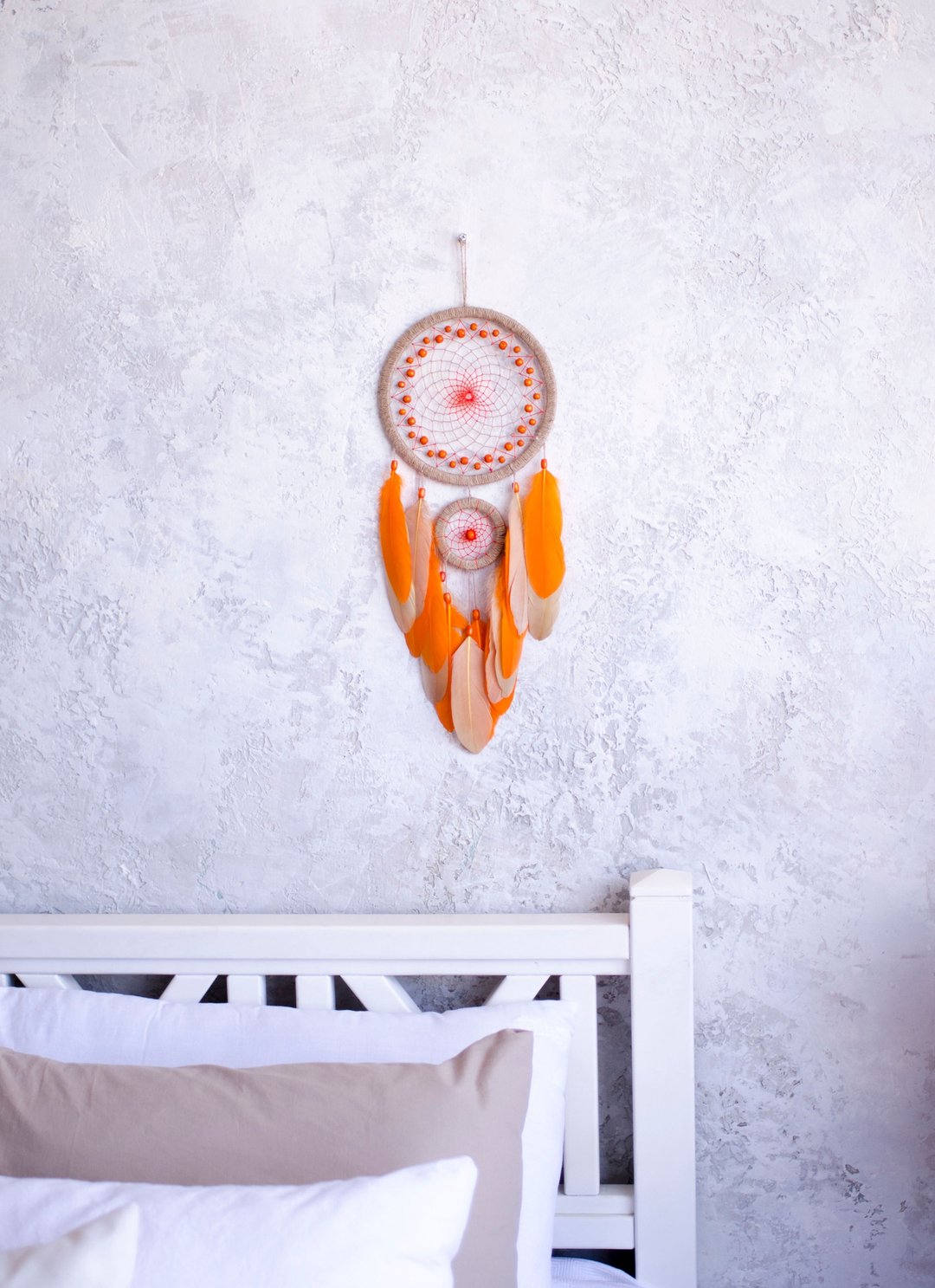 Natural orange dreamcatcher | Large beige dream catcher boho | ตาข่ายดักฝันสีส้ม - 墙贴/壁贴 - 绣线 橘色