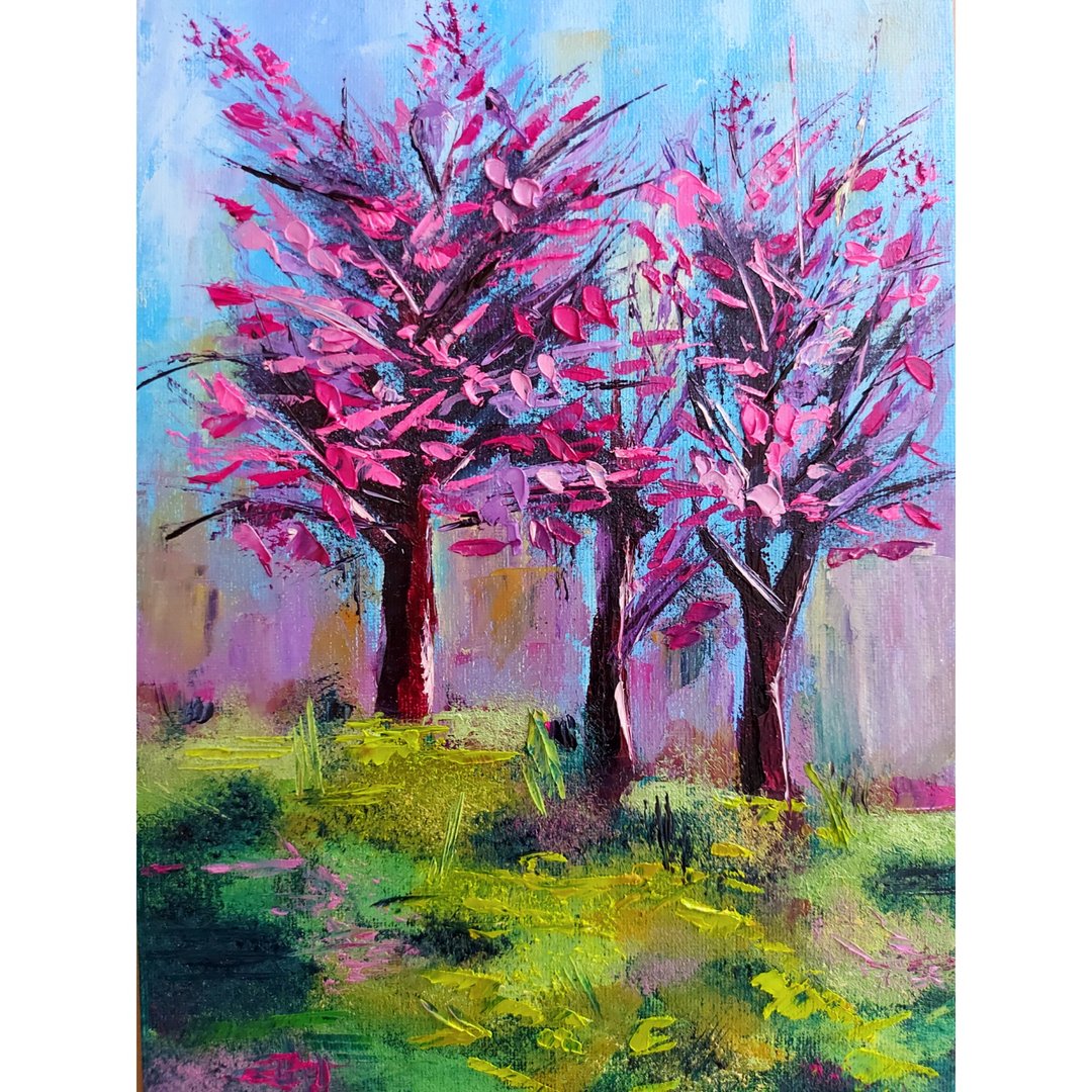 Sakura Painting Cherry Blossom Original Art Tree Artwork Canvas Wall Art - 海报/装饰画/版画 - 其他材质 粉红色