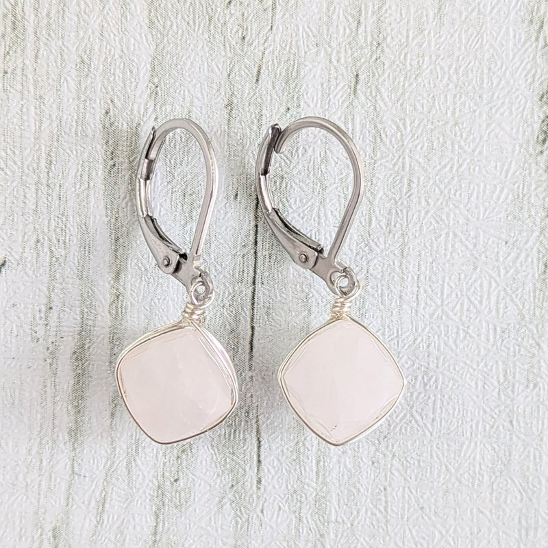 天然宝石耳环　玫瑰石英 - 耳环/耳夹 - 宝石 粉红色