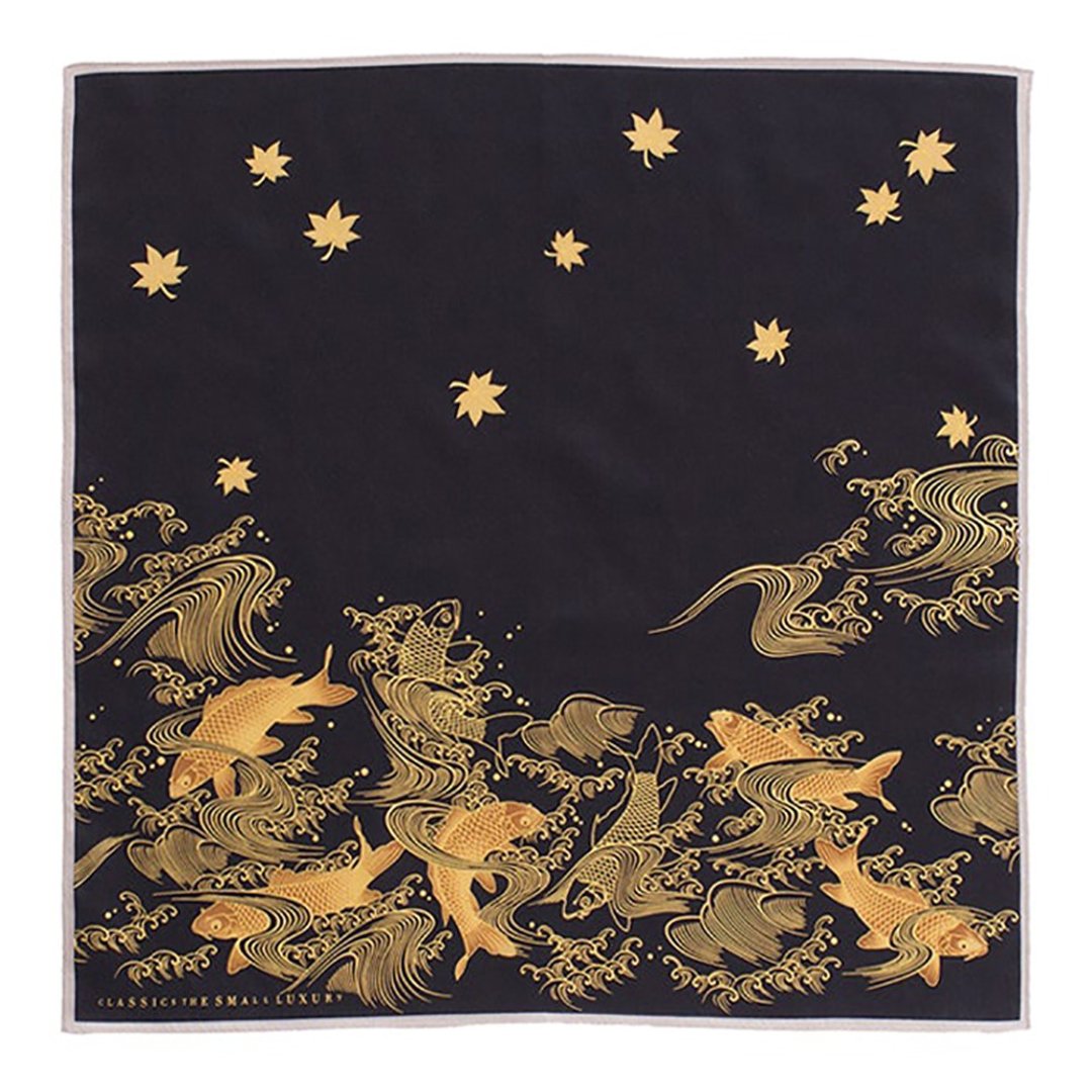 瓦照苑 鲤鱼 黑 能剧 手帕 45×45cm 100%纯棉 日本制 礼品 - 手帕/方巾 - 棉 黑色