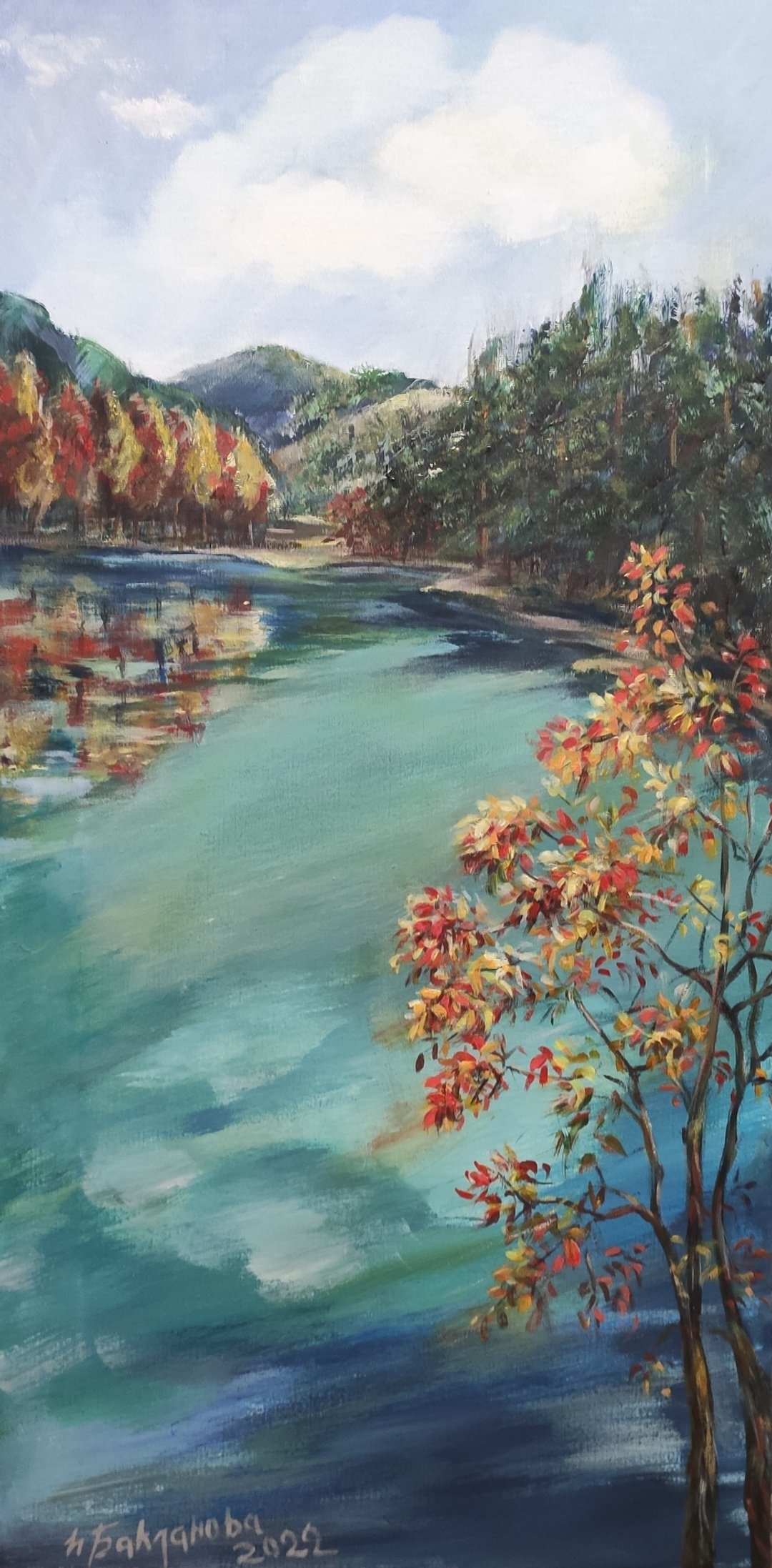 秋天的山水风景原画。 充满活力的秋叶景观艺术。 - 墙贴/壁贴 - 其他材质 蓝色