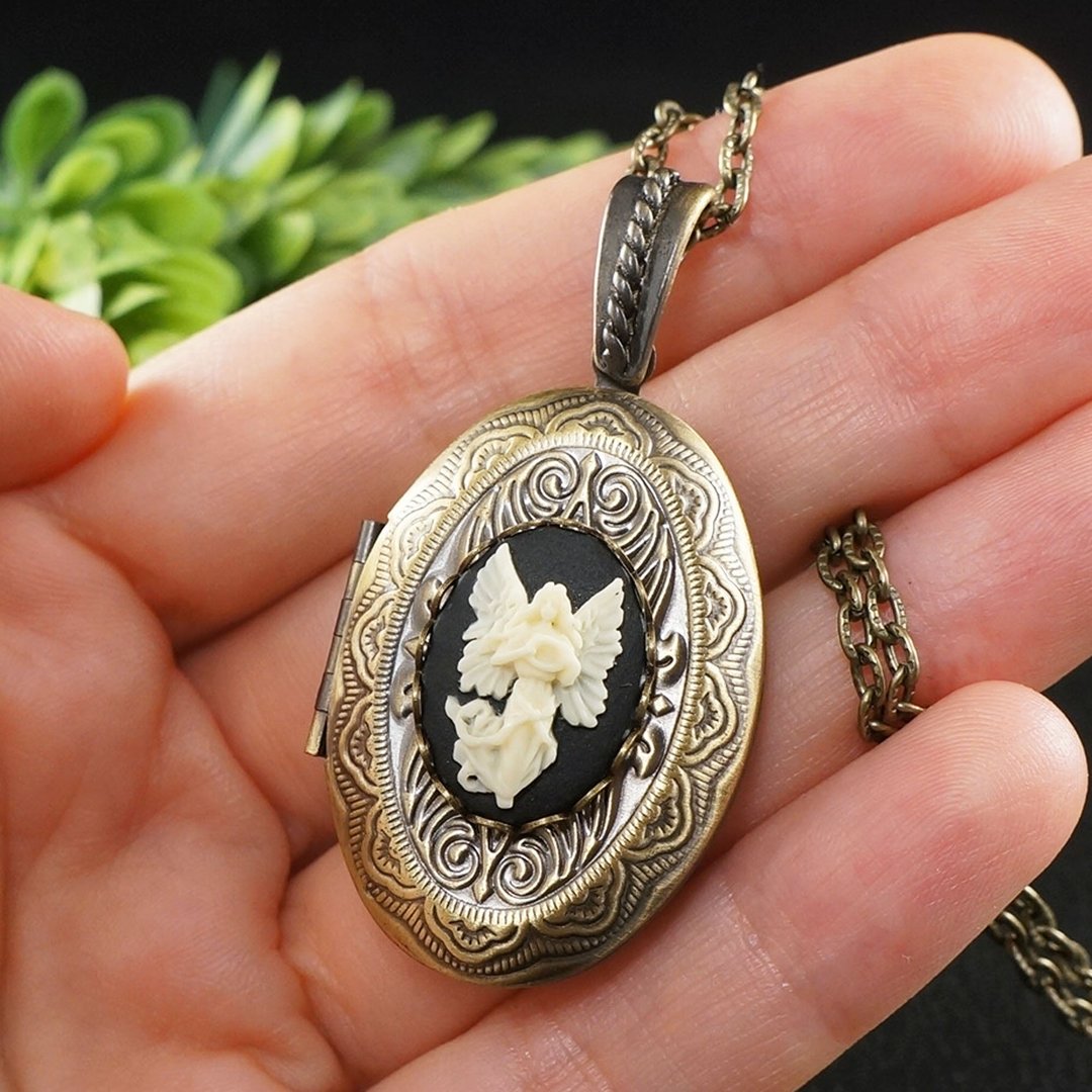 Angel Cameo Locket Cherub Guardian Angel Photo Locket Pendant Necklace Jewelry - 项链 - 其他材质 黑色