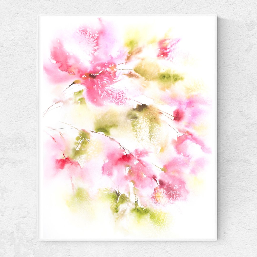 Abstract flowers Watercolor painting Floral wall art Living room wall decor - 墙贴/壁贴 - 纸 粉红色
