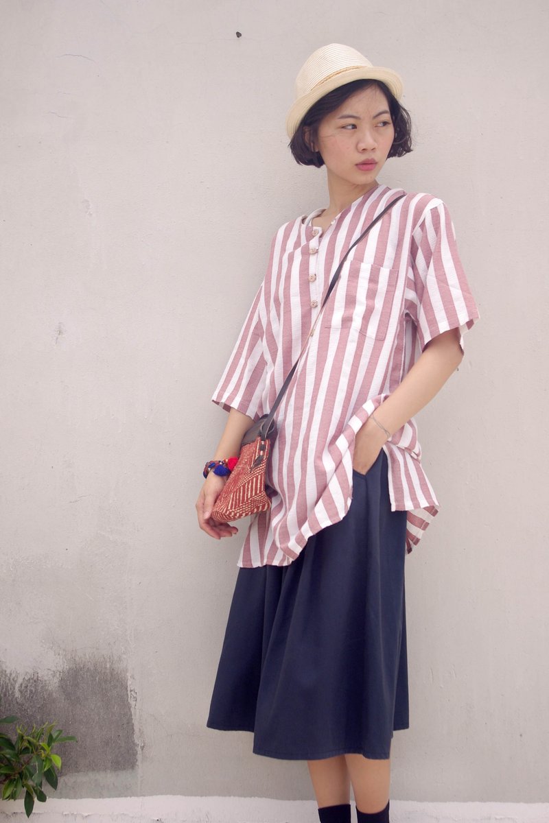 4.5studio-寻宝古着-洗旧感红白条纹棉质长版上衣 - 女装上衣 - 棉．麻 红色
