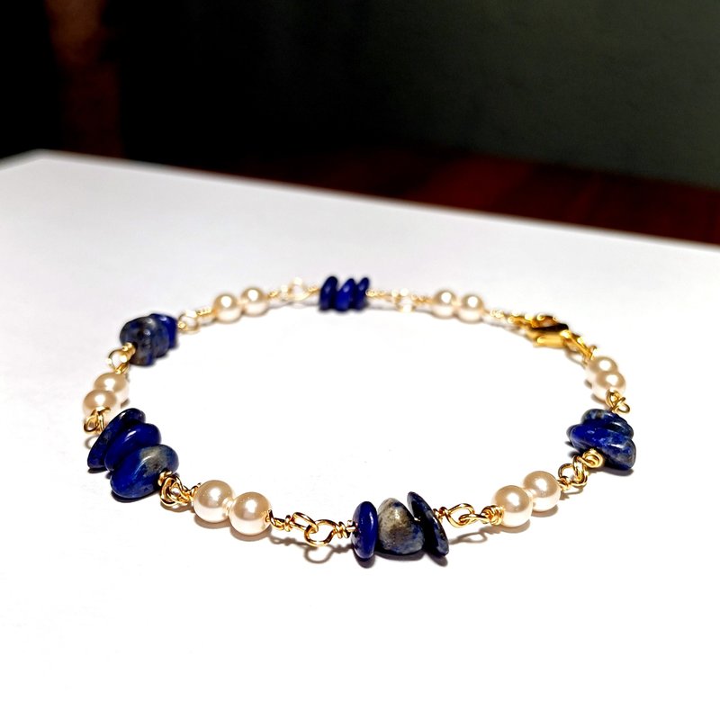 水晶珍珠 青金石 金色金属线细手链 - 手链/手环 - 铜/黄铜 金色