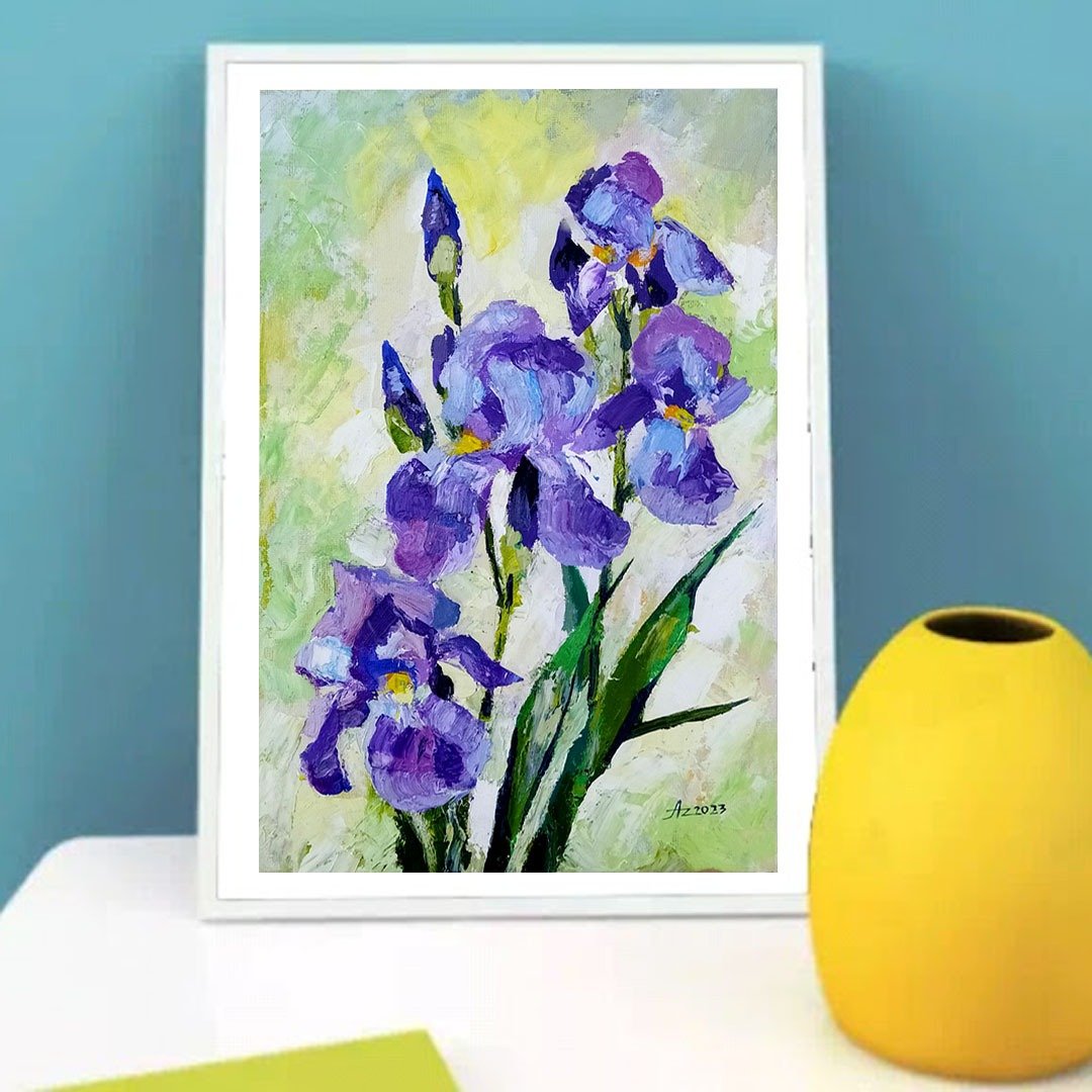 Irises Painting Flowers Original Art Spring Canvas Iris Wall Art Floral Oil - 海报/装饰画/版画 - 其他材质 紫色