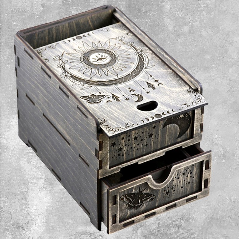 HANDMADE Two-tier Tarot card box, Tarot box for 2 decks, Crystal storage box - 收纳用品 - 木头 灰色