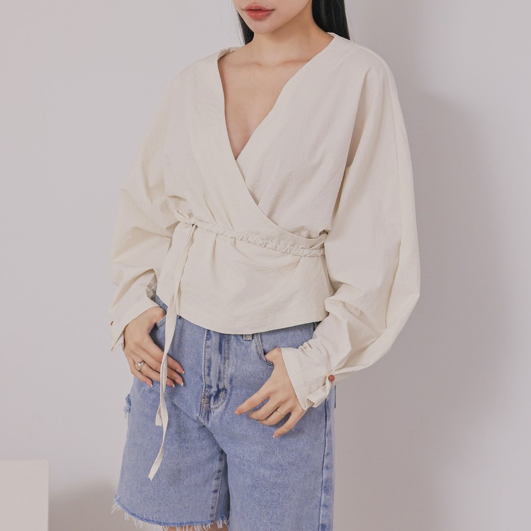 前后V状垂坠长袖上衣-附绑带-杏色 - 女装上衣 - 棉 白色