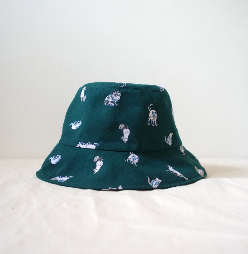 日本面料森林绿猫子 手工渔夫帽 - 帽子 - 棉．麻 绿色