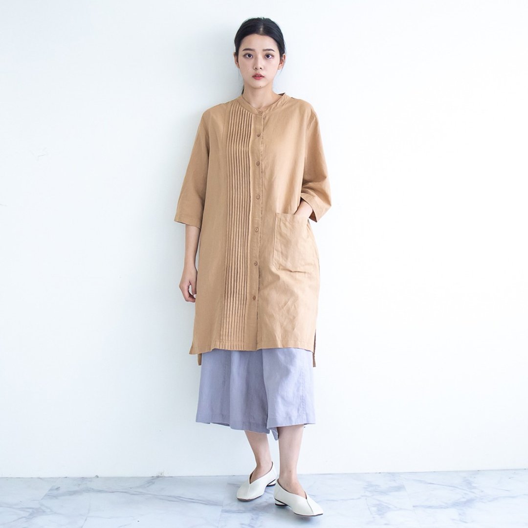 棉麻长款休闲衬衫 卡其F - 女装上衣 - 棉 卡其色