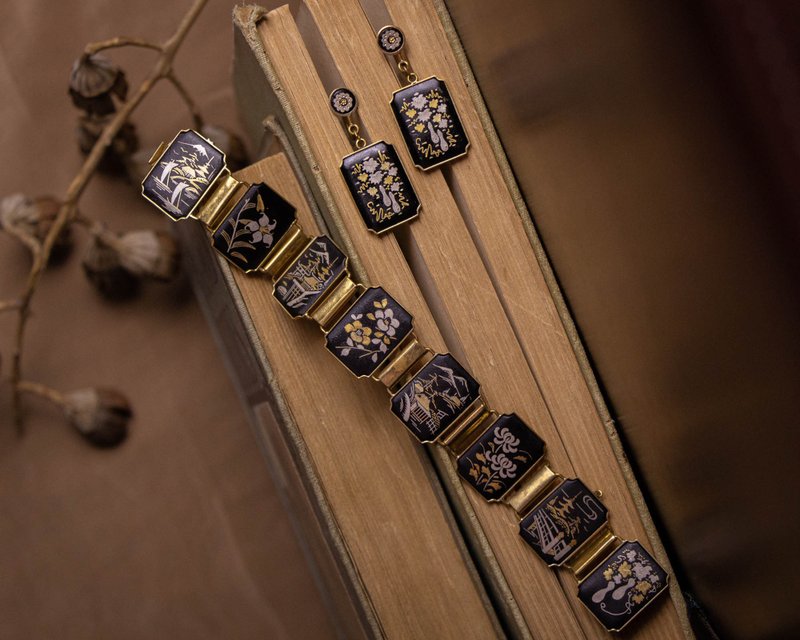 日本Amita古董 京象嵌 金银镶嵌工艺 日式图腾 方块手链耳夹套组 - 手链/手环 - 贵金属 黑色