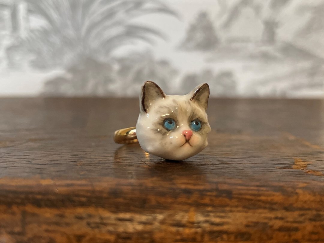 瓷陶瓷可调节布娃娃猫戒指/手绘/独特的礼物 - 戒指 - 瓷 