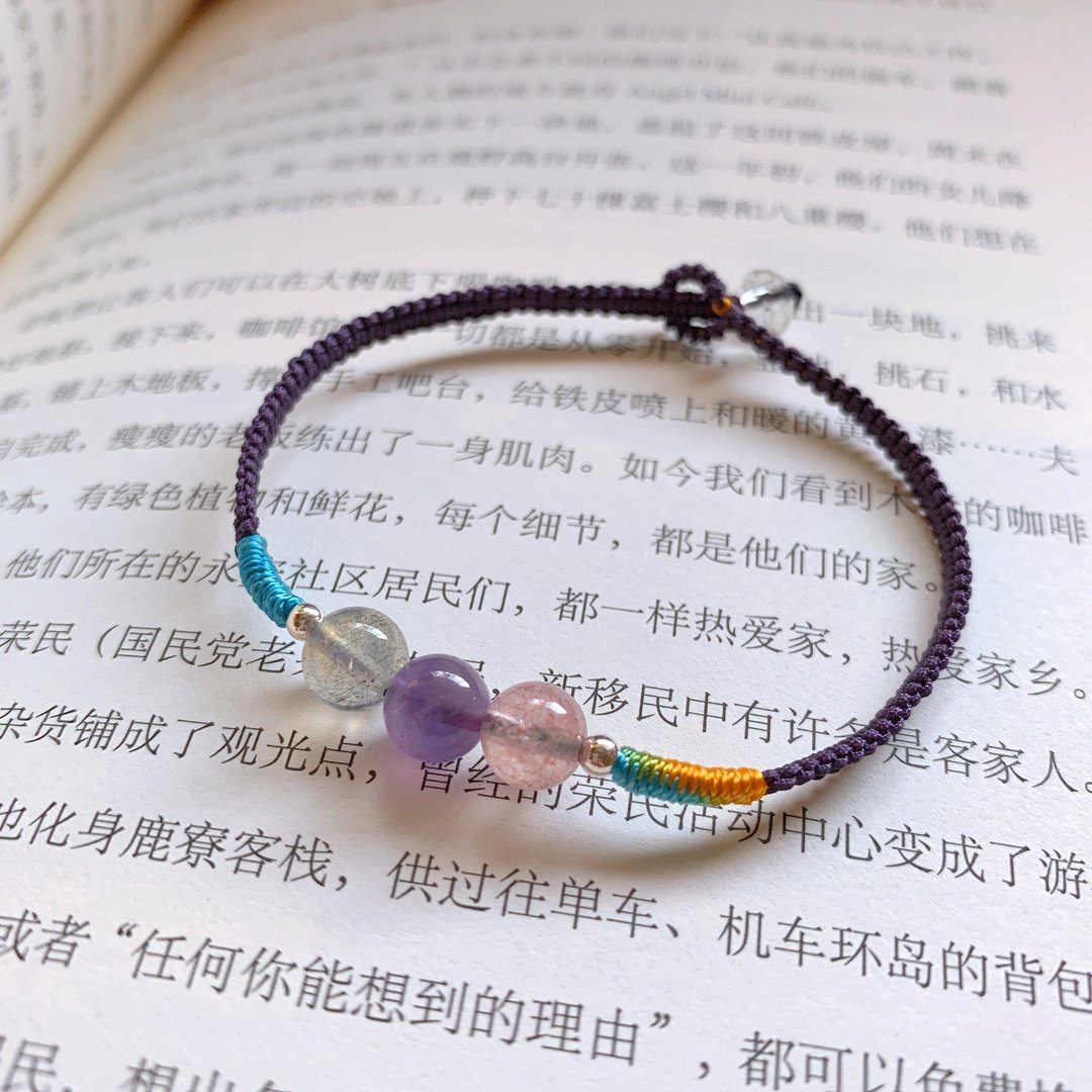 手作原创 好眠无风。草莓晶 月光石 紫水晶 编织手链 定制 金刚结 - 手链/手环 - 水晶 紫色
