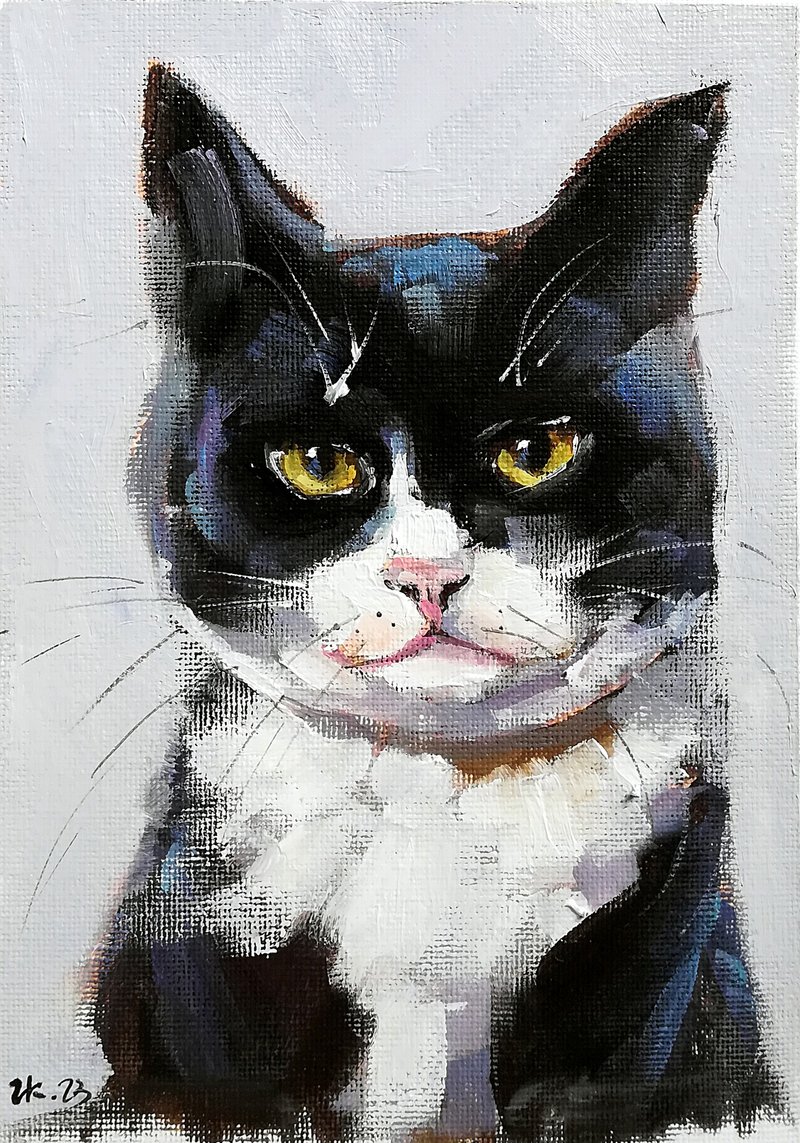 Black White Cat Painting Original Animal Artwork Pet Portrait MADE TO ORDER - 海报/装饰画/版画 - 其他材质 多色