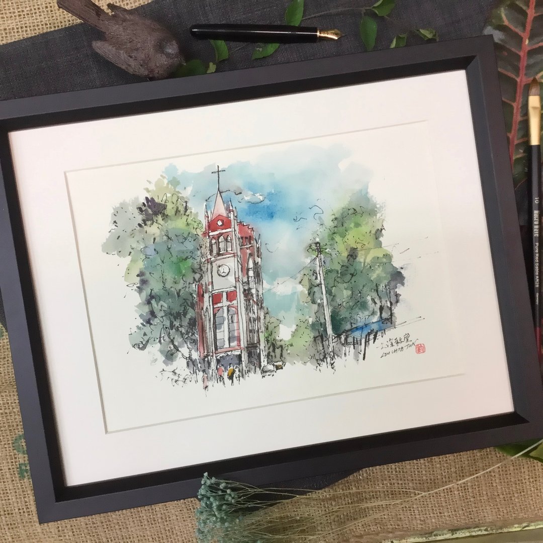 大溪教堂/手绘原创水彩画/含画框 - 海报/装饰画/版画 - 纸 咖啡色