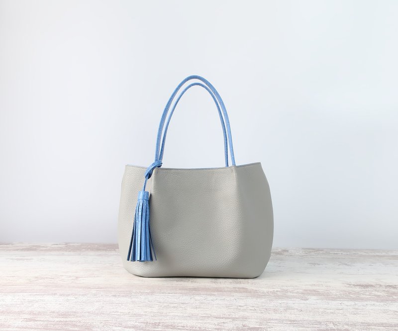 Fluffy tucked tote (S size), light gray x light blue, made-to-order - 手提包/手提袋 - 真皮 灰色
