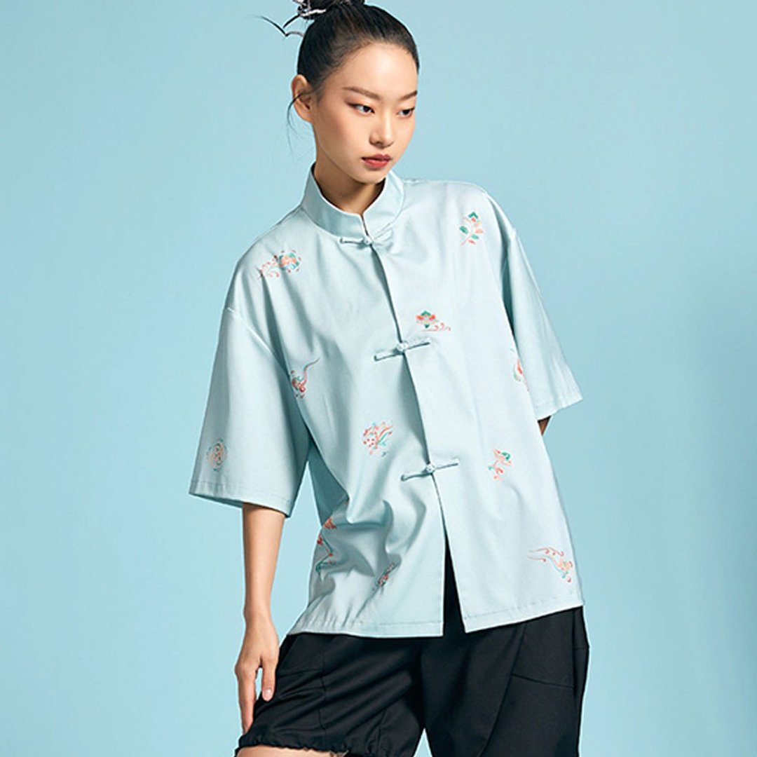 我聞新中式改良唐裝 / 短袖中國風上衣 / 寬鬆氣質女款 - 女装衬衫 - 其他材质 绿色