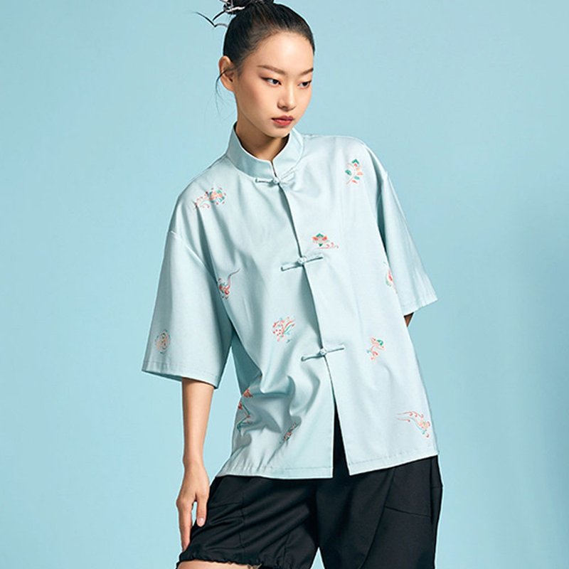 我聞新中式改良唐裝 / 短袖中國風上衣 / 寬鬆氣質女款 - 女装衬衫 - 其他材质 绿色