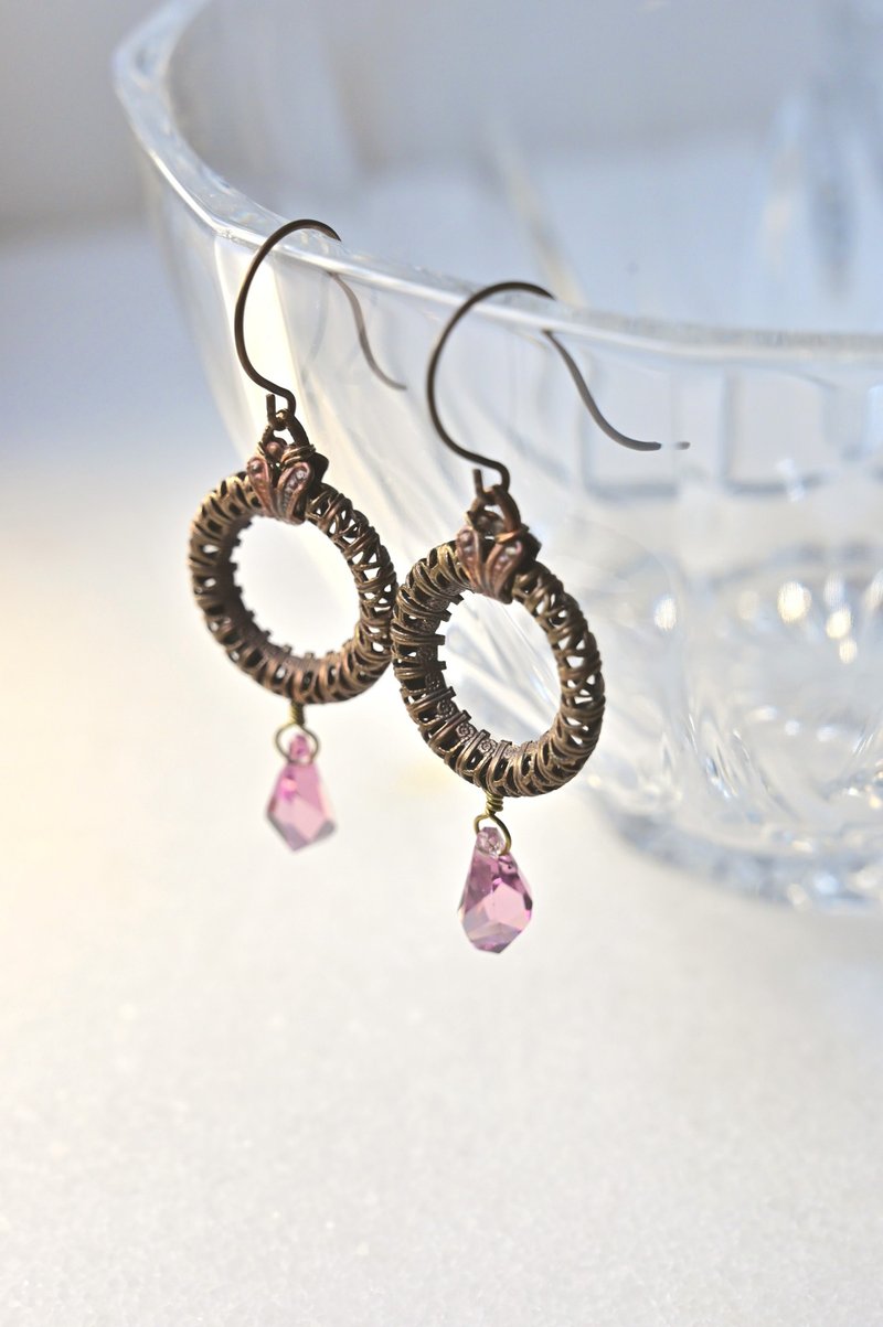 欧式复古风耳环+施华洛水晶~可转耳夹 - 耳环/耳夹 - 铜/黄铜 紫色