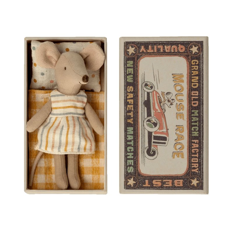 米白条纹洋装小鼠姐姐 含火柴盒 - 玩偶/公仔 - 棉．麻 白色
