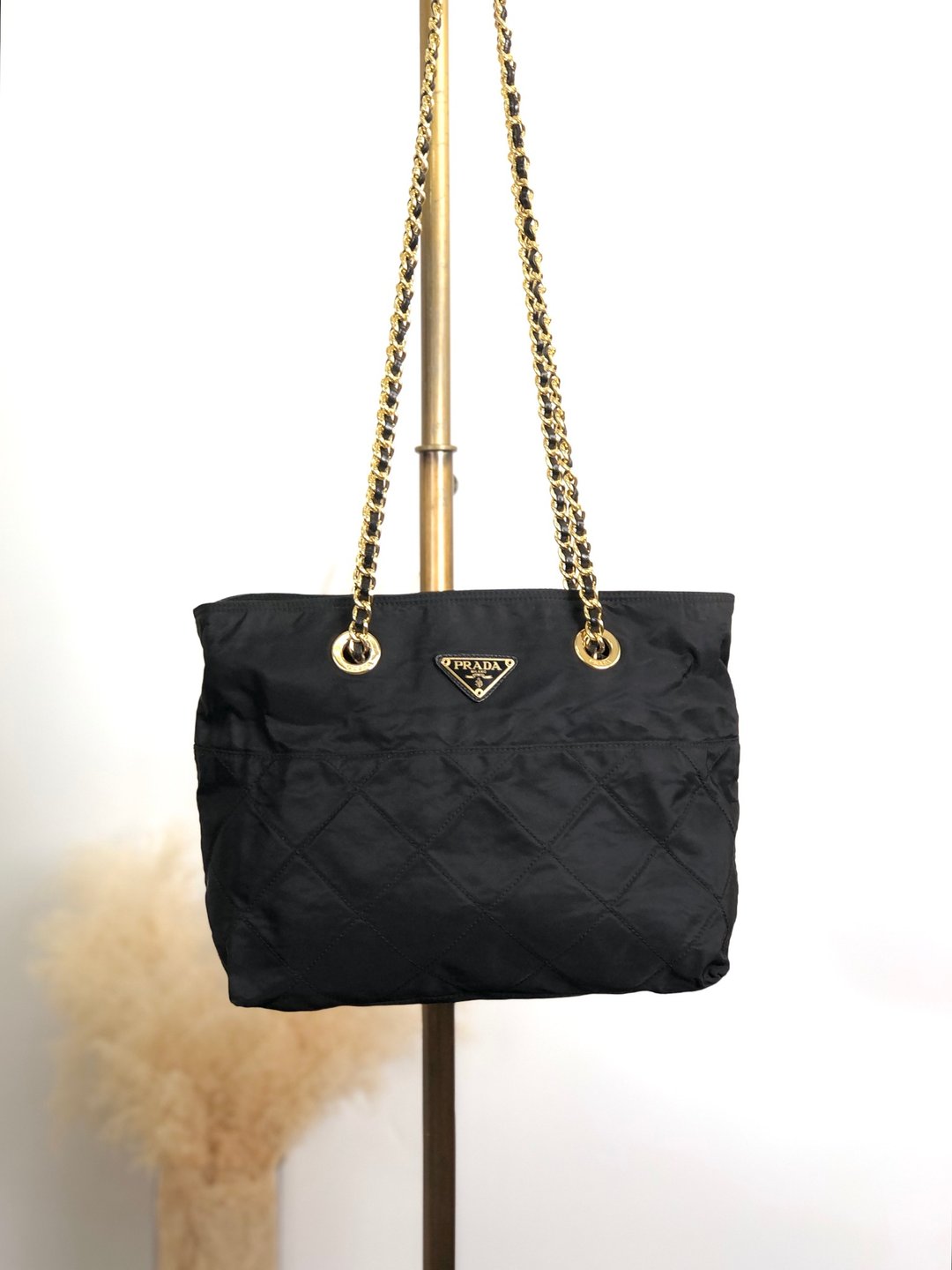 【 日本直送 名牌中古包 】PRADA 普拉达 侧背包 黑色 三角标志 尼龙 链条 菱格纹 vintage aymjy2 - 侧背包/斜挎包 - 尼龙 黑色