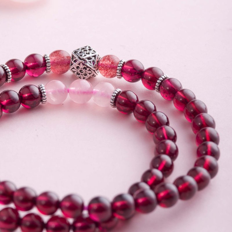 石榴石粉水晶6mm双圈手链 | 925纯银天然水晶手链 定制礼物 - 手链/手环 - 水晶 红色