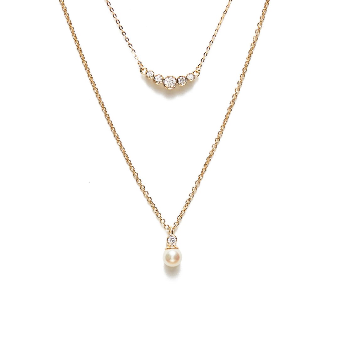 层次双链 925银厚镀18K金 Joyeux Diamond Pearl Necklace Set - 项链 - 纯银 金色