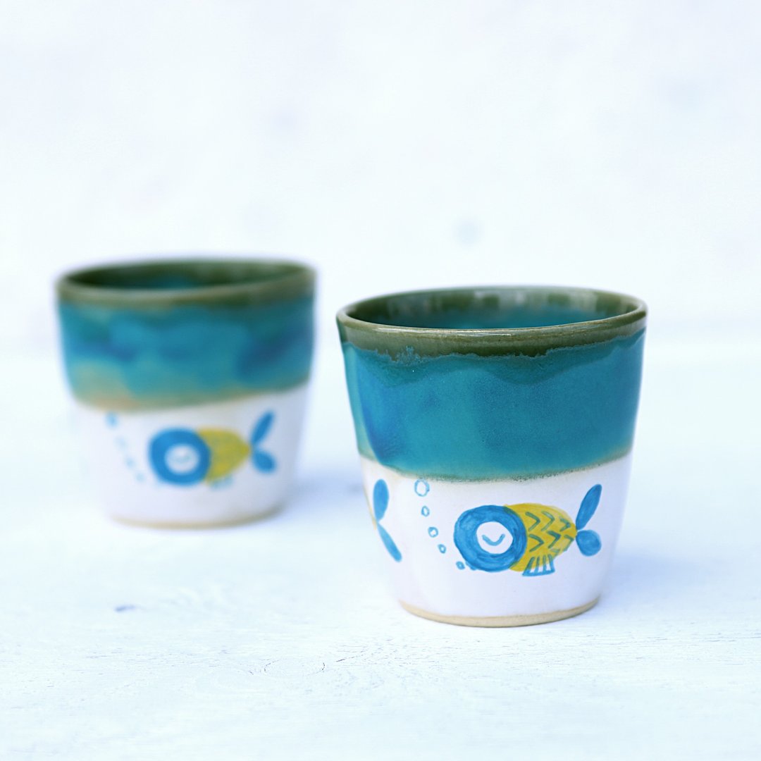 Turquoise glaze and goldfish painting cup - 其他杯子 - 陶 蓝色