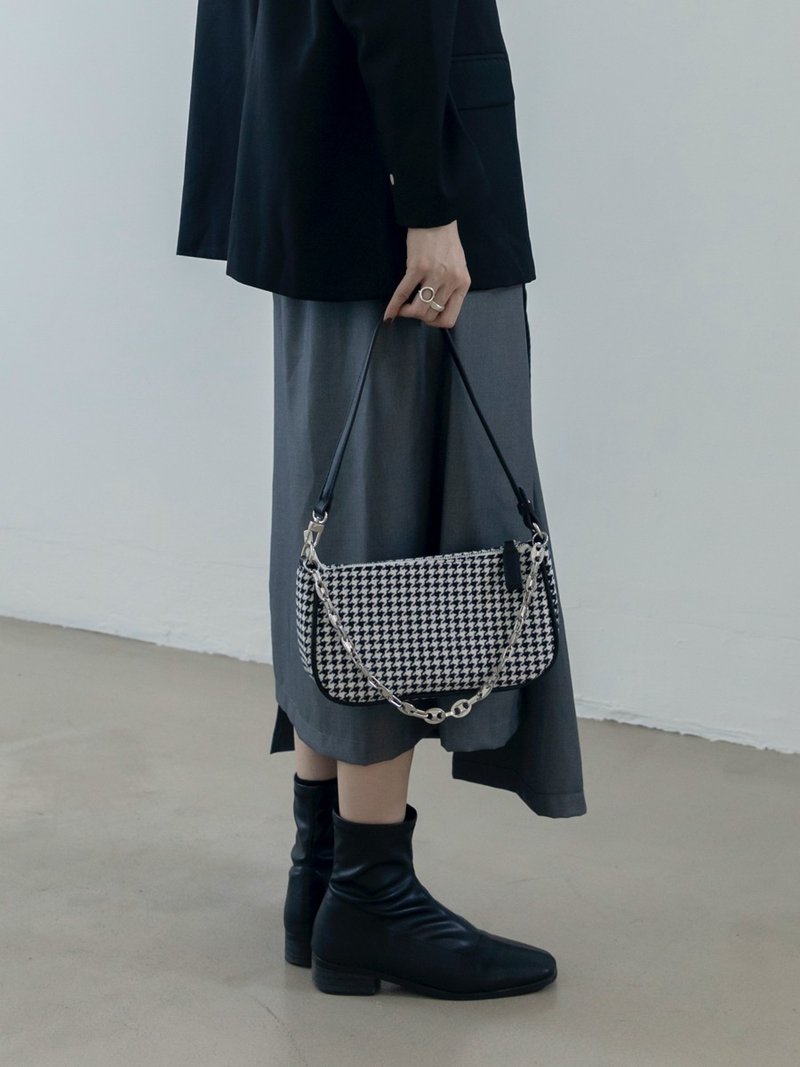 黑白格 溫莎公爵 複古千鳥格鏈條斜背腋下包 毛呢皮革拼配PU皮革 - 侧背包/斜挎包 - 人造皮革 黑色