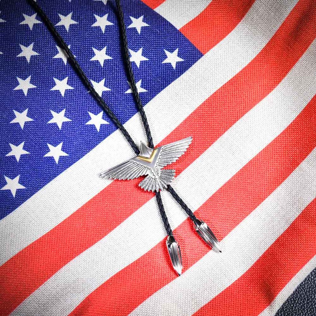 捍卫战鹰 老鹰 保罗领带 Bolo Tie 真皮皮革项链 皮绳领带 长项链 - 领带/领带夹 - 人造皮革 银色