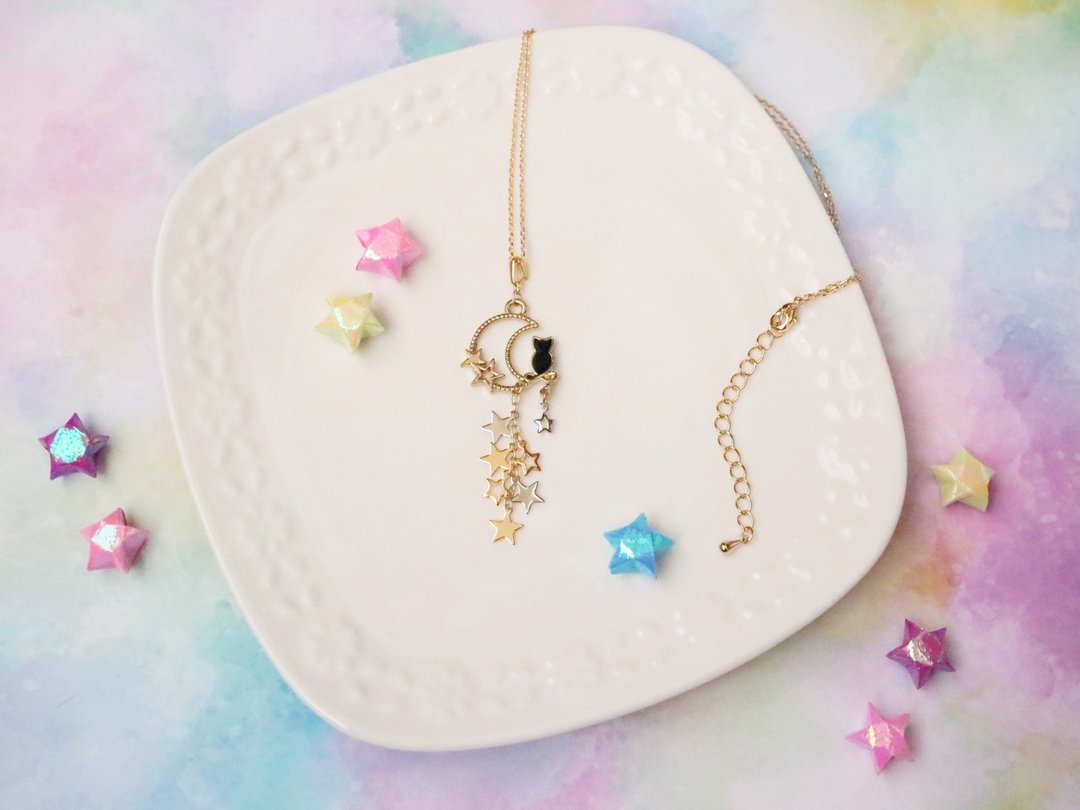 Wish to the stars Necklace Black cat Moon Star Magic Space Shaking cute fantasy Dream cat Cat Witch Halloween Halloween - 项链 - 其他金属 黑色