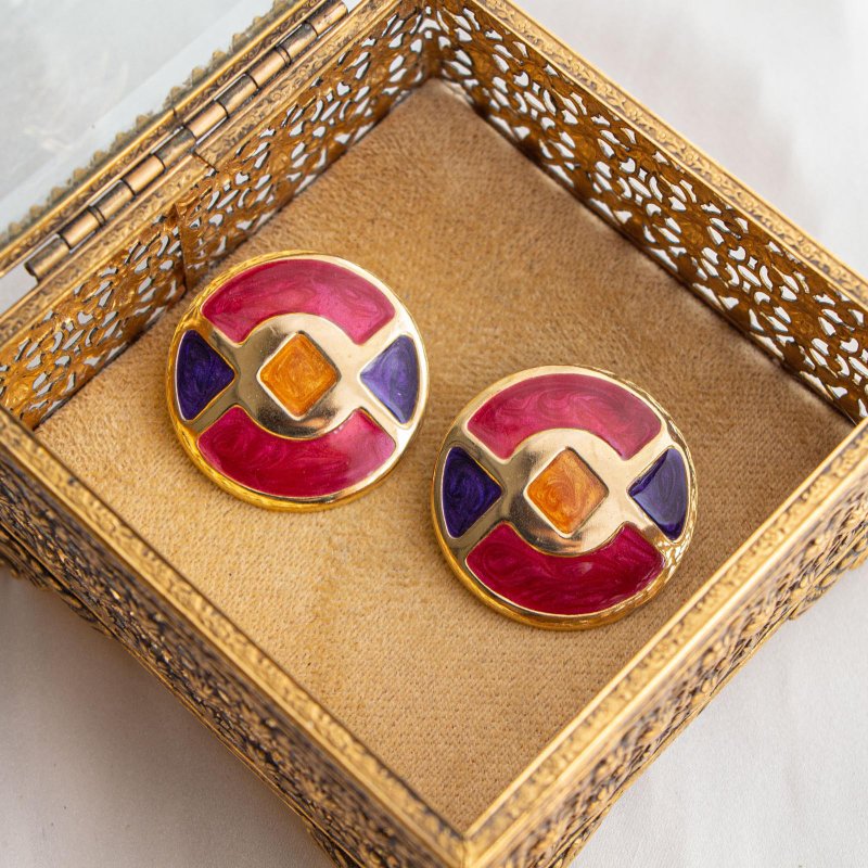 美国古董 1980年代三色几何珐琅 大圆耳针 - 耳环/耳夹 - 其他金属 多色