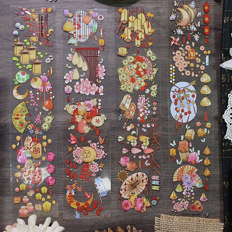 OKMT新七天原创流麻咕卡吧唧托贴纸PET手帐手账和纸胶带 樱灯鹤影 - 纸胶带 - 塑料 红色