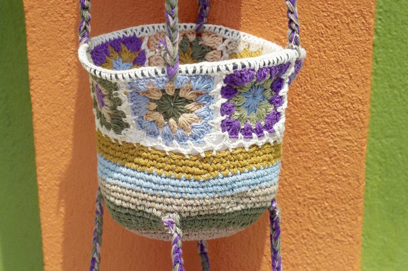 生日礼物 母亲节礼物 七夕礼物 限量一件 手工钩织置物篮/手工编织置物篮/收纳篮/吊挂袋/鸟巢编织篮/花朵编织篮- 彩虹条纹马卡龙色 紫色薰衣草 森林花朵编织 - 收纳用品 - 棉．麻 紫色