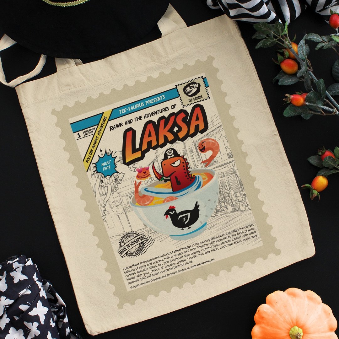 Tee-Saurus Happy Totes - Singapore Laksa Cotton Tote Bag - 手提包/手提袋 - 棉 