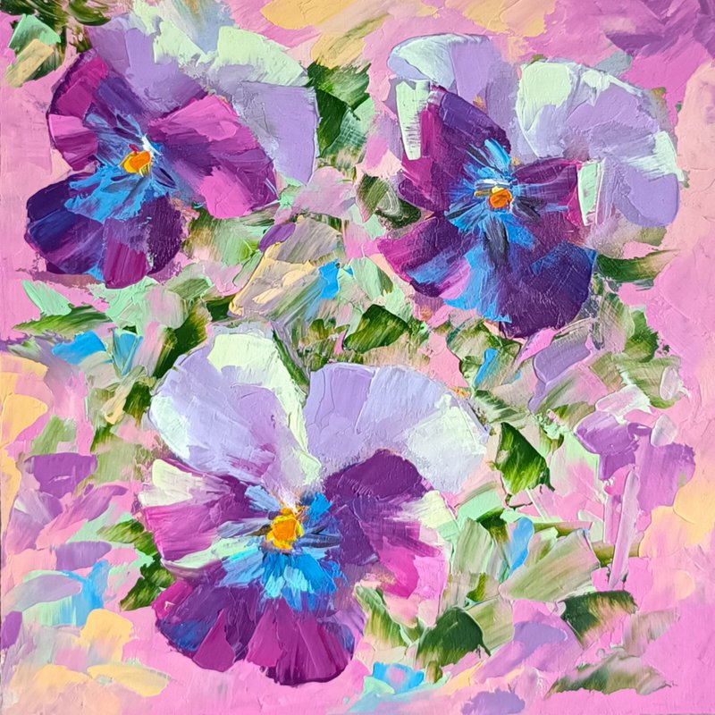 Pansies Painting Floral Original Art Impasto Oil Painting Flowers Artwork - 海报/装饰画/版画 - 木头 紫色