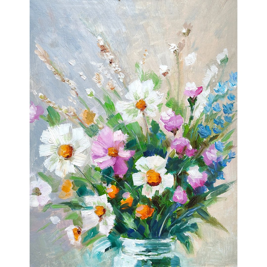 雏菊花束原创绘画、田花墙艺术、小型花卉艺术品 - 海报/装饰画/版画 - 其他材质 多色