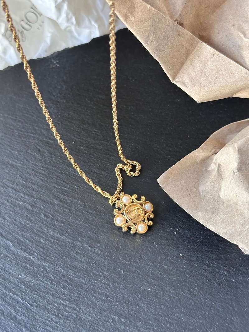 中古品 Dior 迪奥 CD标志珍珠雕花项链 - 项链 - 其他金属 金色