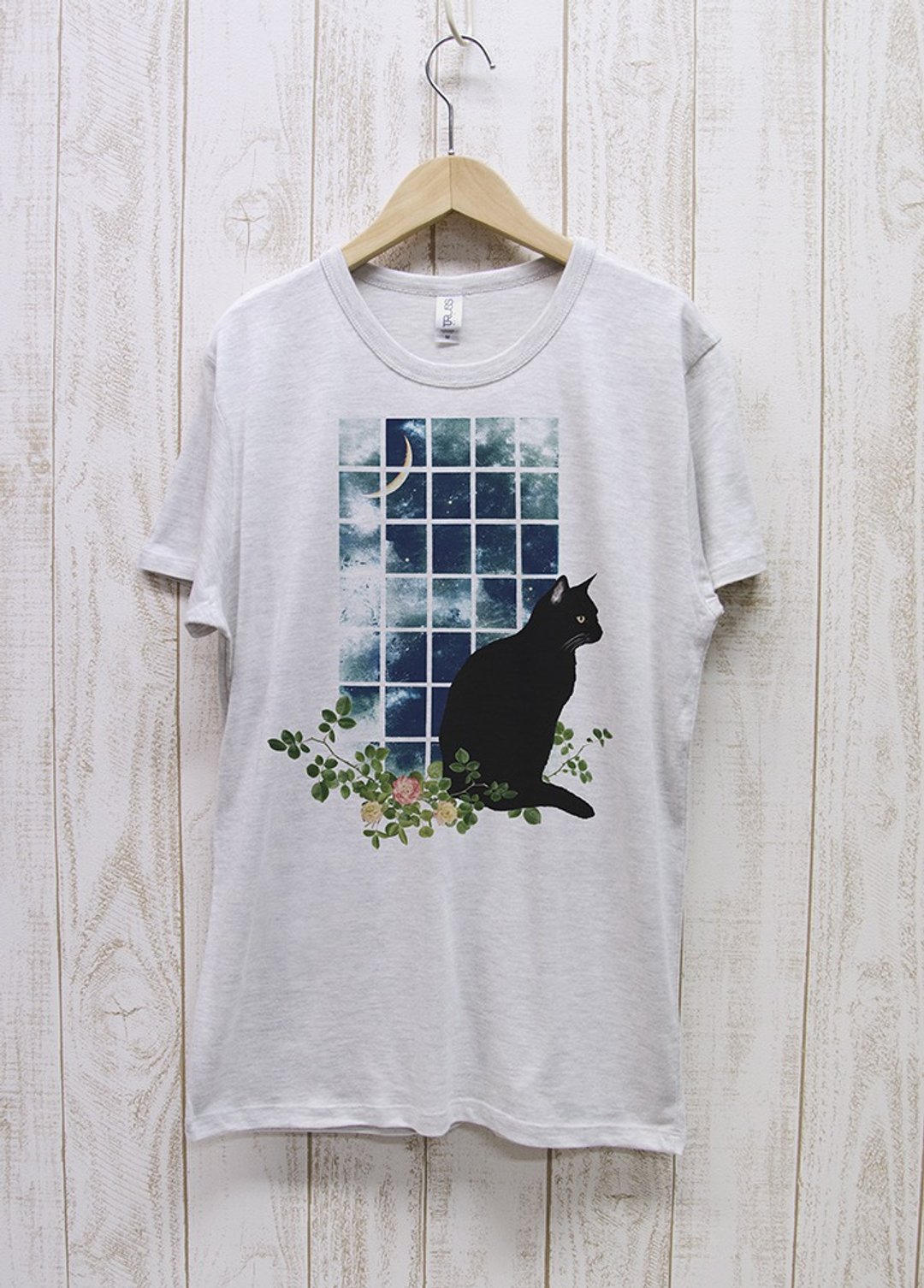 Standing Black Cat Window MOON Heather White / R031-TT-HWH - 中性连帽卫衣/T 恤 - 棉 白色