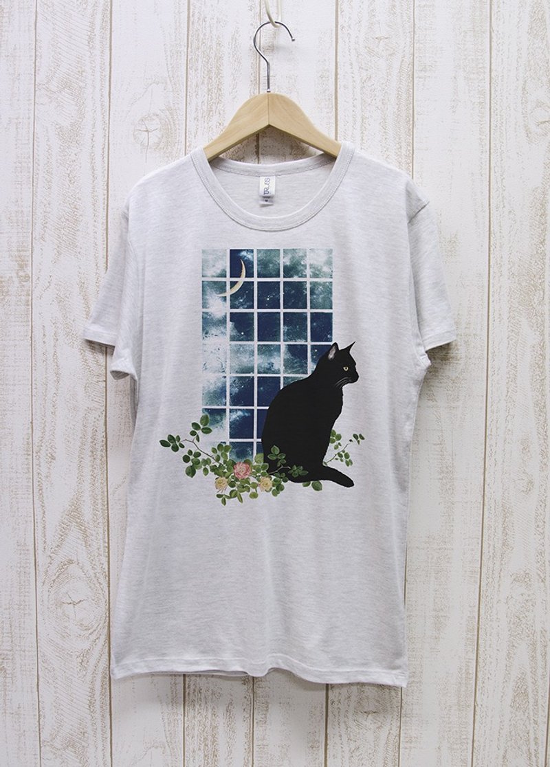 Standing Black Cat Window MOON Heather White / R031-TT-HWH - 中性连帽卫衣/T 恤 - 棉．麻 白色