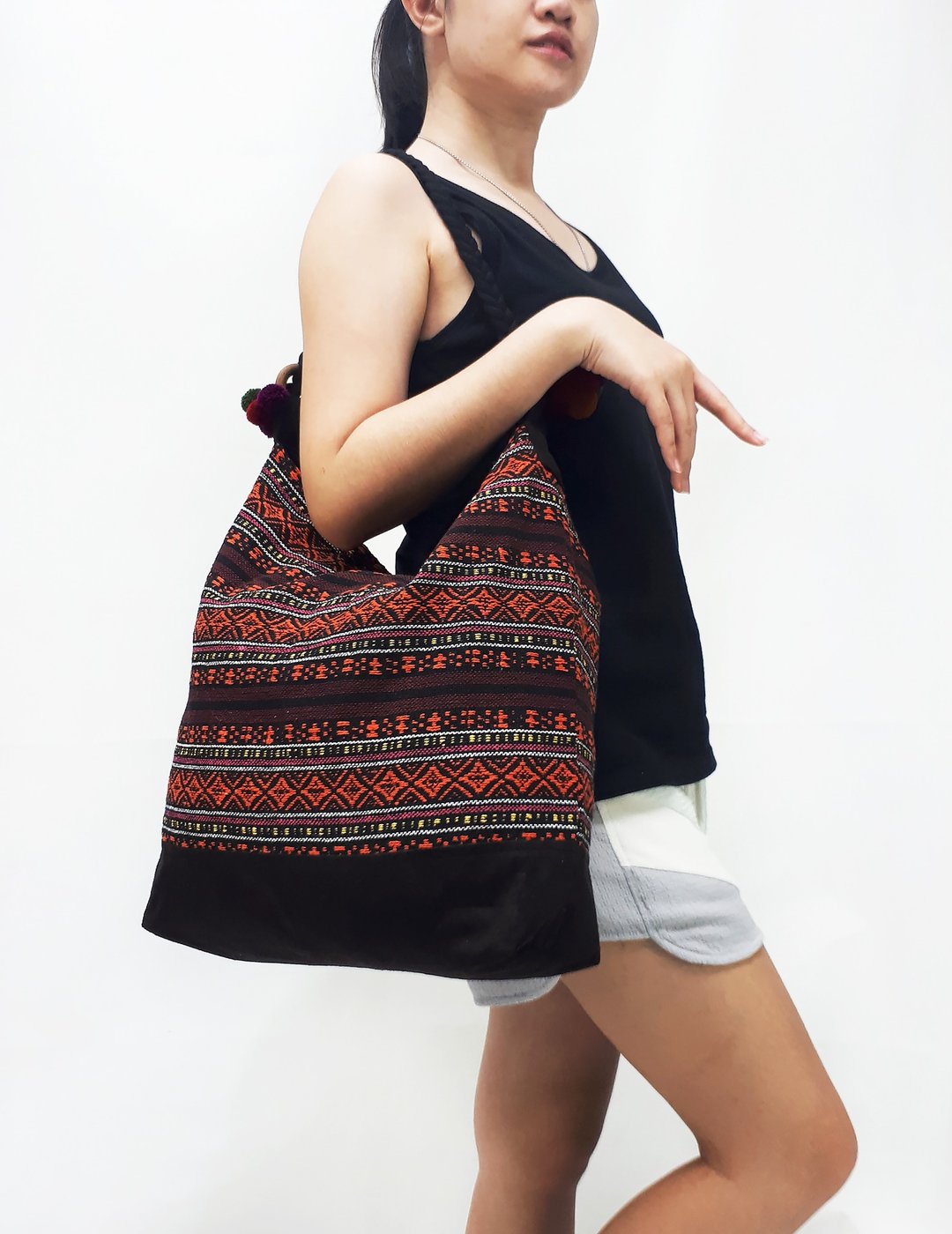 Woven Cotton Bag Tote bag Women bag Shoulder bag Shopping bag Pom Pom Strap Red - 其他 - 其他材质 橘色