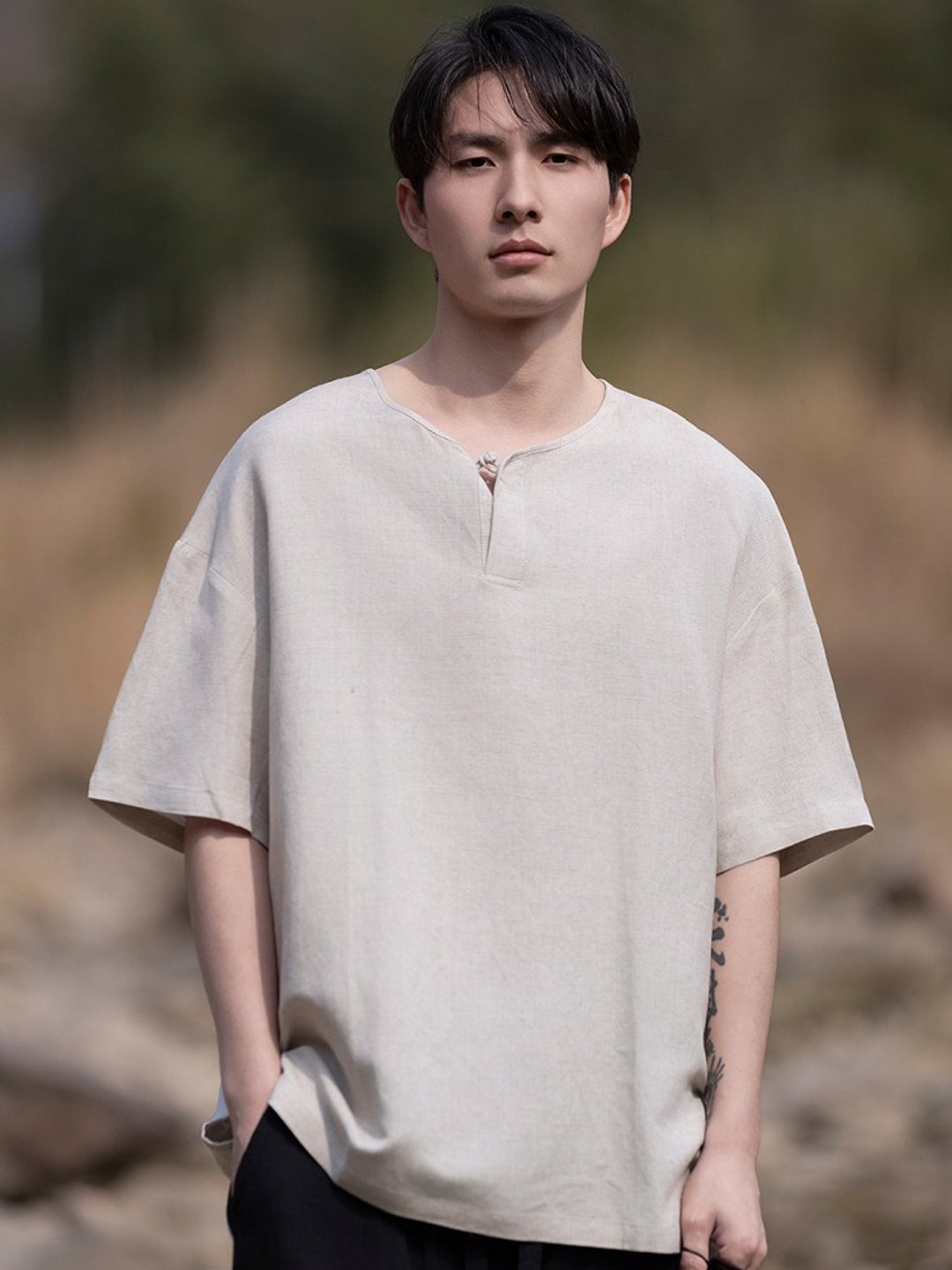 新中式复古 亚麻套头短袖T恤 - 男装上衣/T 恤 - 其他材质 多色