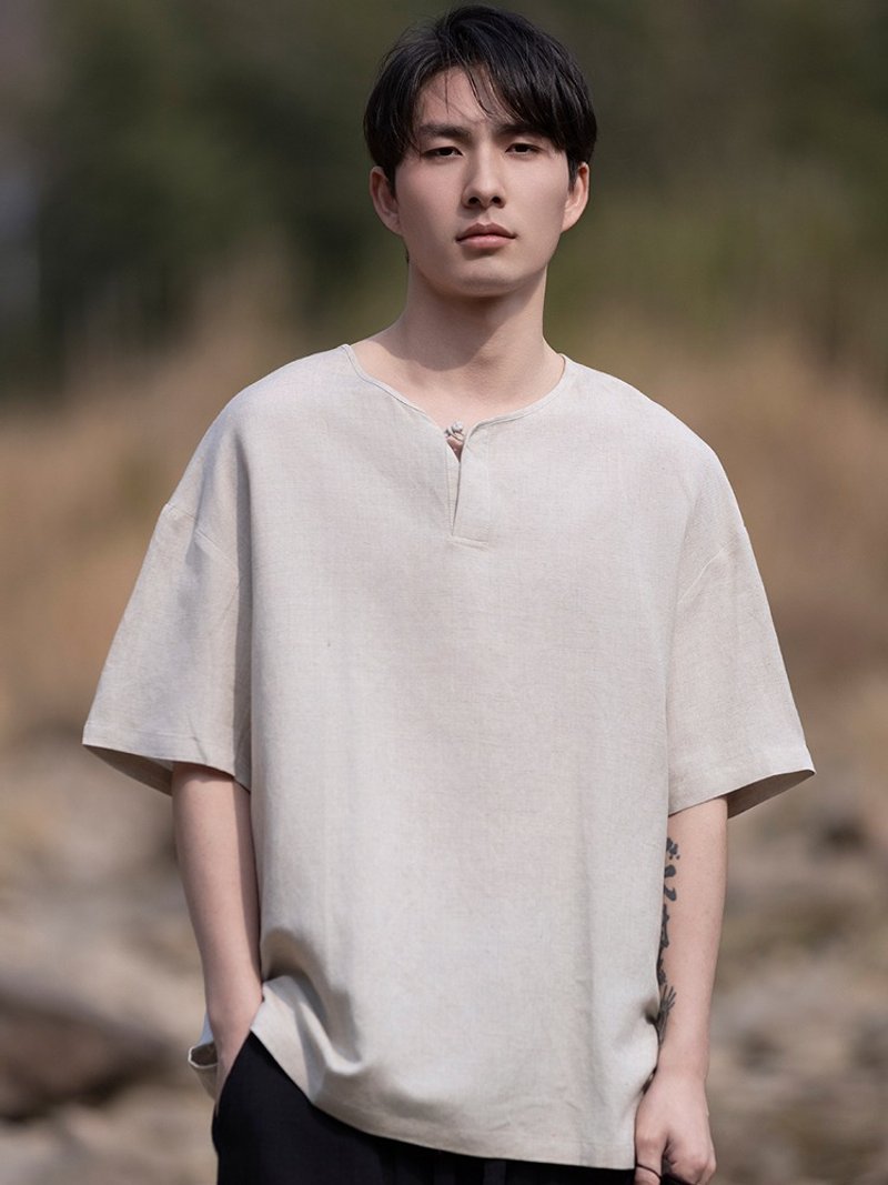 新中式复古 亚麻套头短袖T恤 - 男装上衣/T 恤 - 其他材质 多色