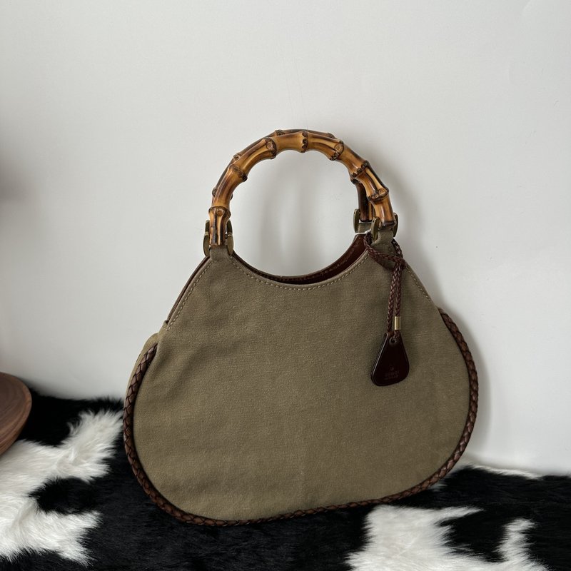 Gucci 古驰 罕有编织皮革包边 竹节托特包 - 手提包/手提袋 - 棉．麻 绿色