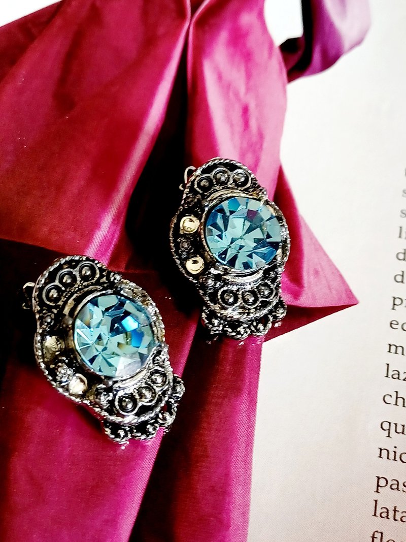 vintage jewelry 维多利亚贵气水蓝莱茵钻 夹式耳环 - 耳环/耳夹 - 其他金属 