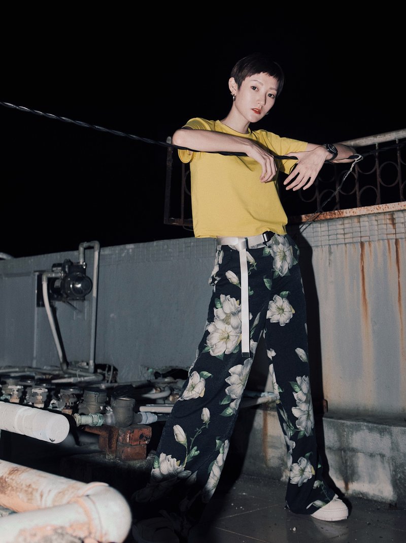 福.印花高腰落地长裤 - 女装长裤 - 聚酯纤维 黑色