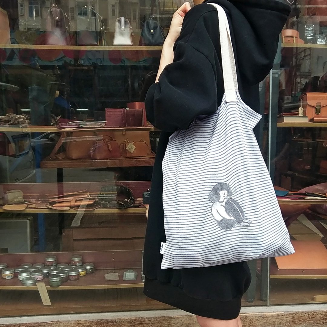 坐下来休息, 弹性针织布布袋, 全人手制Tote Bag - 侧背包/斜挎包 - 棉 灰色