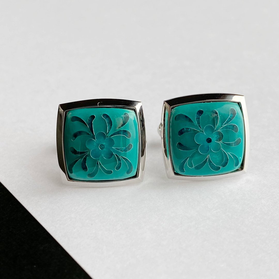 Silver Arabesque [Jade Jade] Cloisonne Cufflinks Cufflinks Pure Silver Wired Cloisonne - 袖扣 - 其他材质 绿色