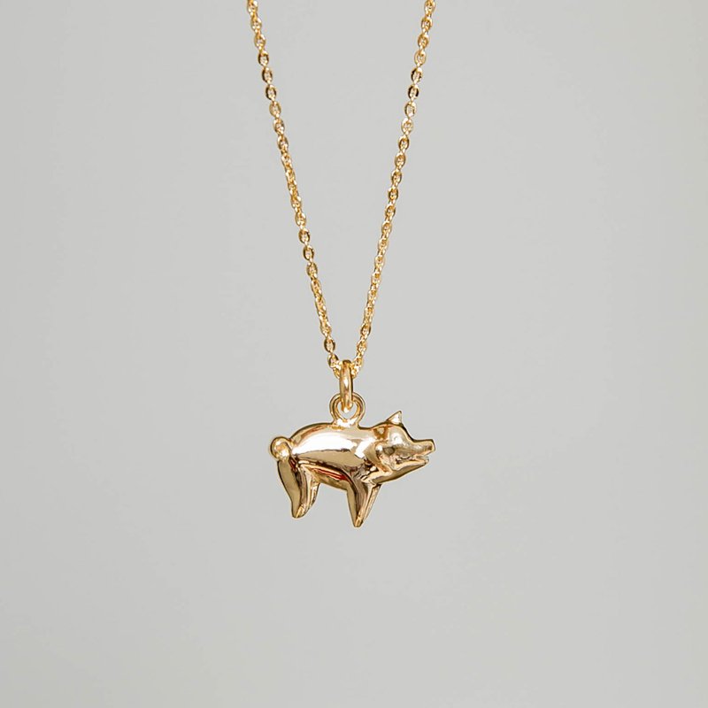Pig Silver Necklace 可爱猪造型纯银镀18K金项链 生肖动物项链 - 项链 - 纯银 金色
